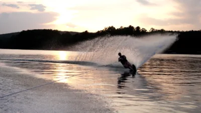 Slalom skiing at sunset